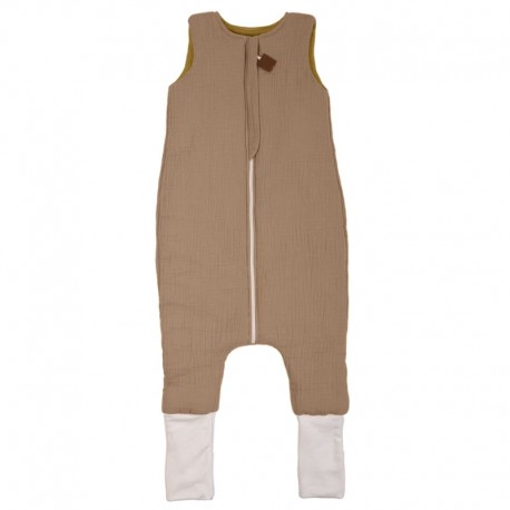 Hi Little One - śpiworek dwustronny piżamka z nogawkami z organicznej BIO bawełny muślin DARK OAK/OLIVE roz M